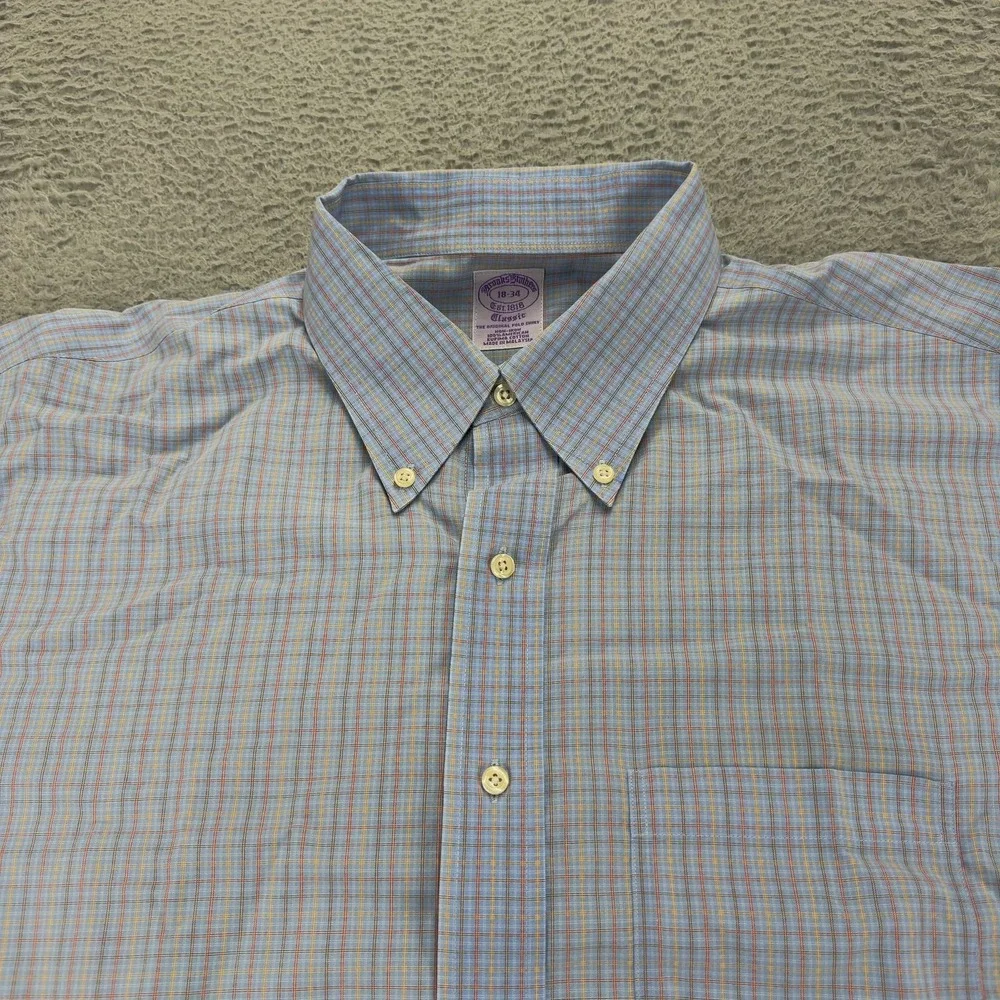 Brooks Brothers Classic Mens 18 34 Blue Plaid Supima Cotton Non Iron Dress Shirt